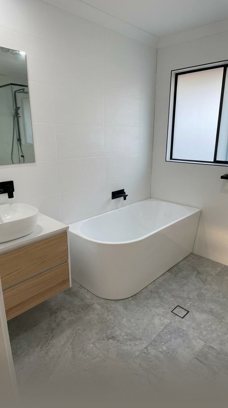 Freestanding bath with matte black tapware — Macarthur bathroom renovation
